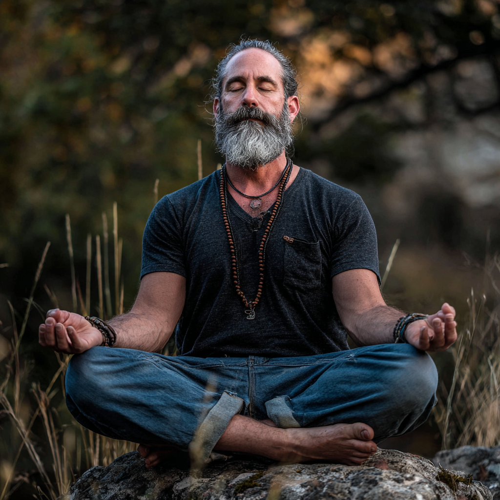 Мъж на 58 години в традиционна медитативна поза върху веранда, заобиколен от растения, с израз на дълбока концентрация и спокойствие