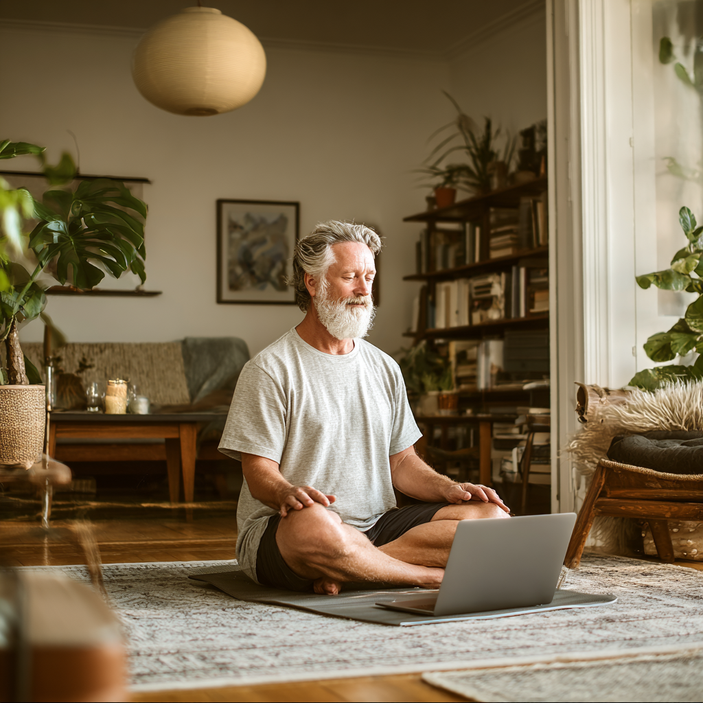 Мъж на 60 години практикува йога в уютната си всекидневна, следвайки онлайн клас на лаптопа си, с йога постелка и спокоен израз