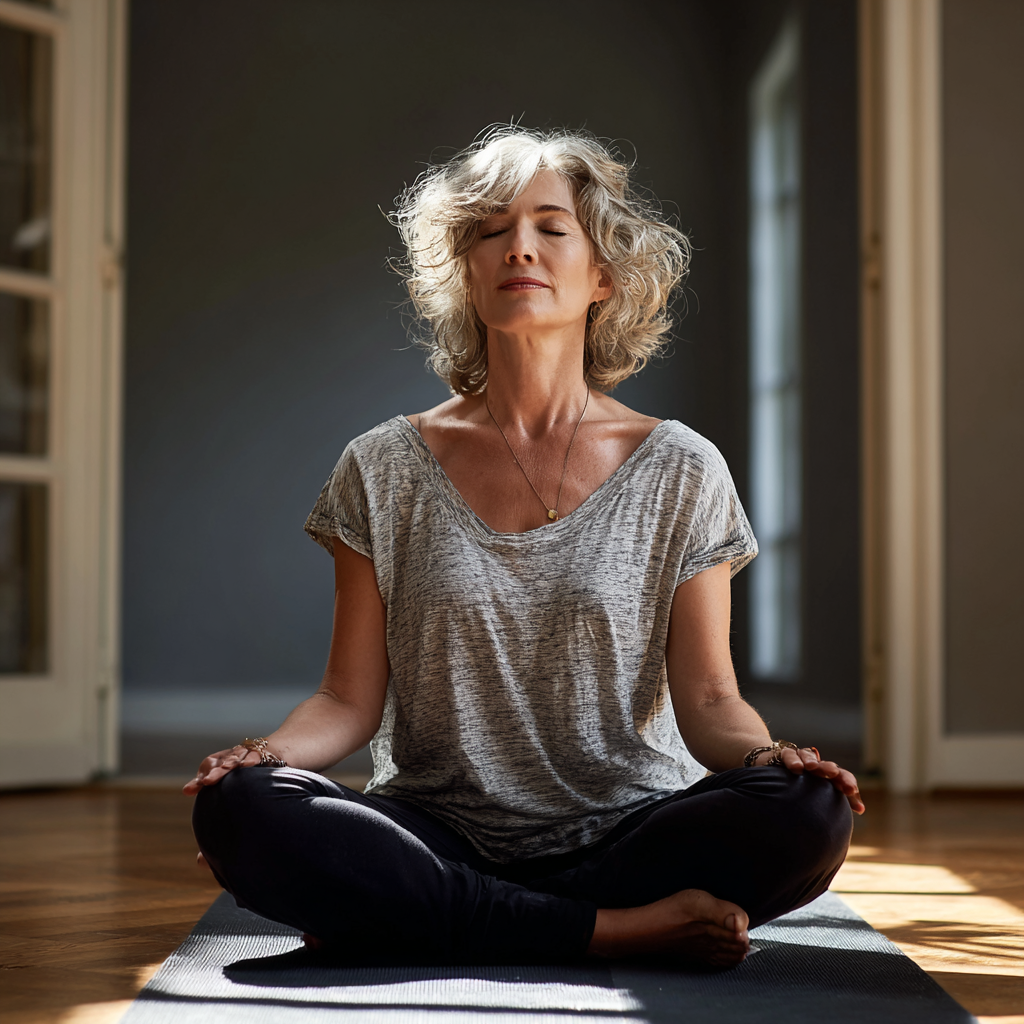 Спокойна жена на 55 години в медитативна поза, седнала на йога постелка в светла стая, с характерния израз на вътрешен мир и концентрация