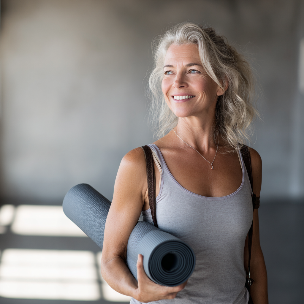 Усмихната жена на 52 години в спортни дрехи, държаща йога постелка, готова за първия си клас в светло студио